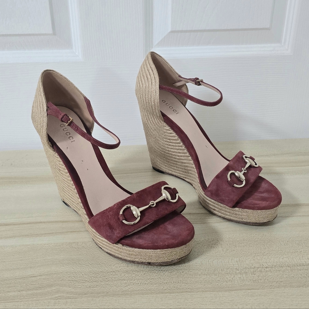 Gucci Horsebit Suede Wedge Espadrille Sandals In Dry Rose Size EU40/US10 - Picture 14 of 15